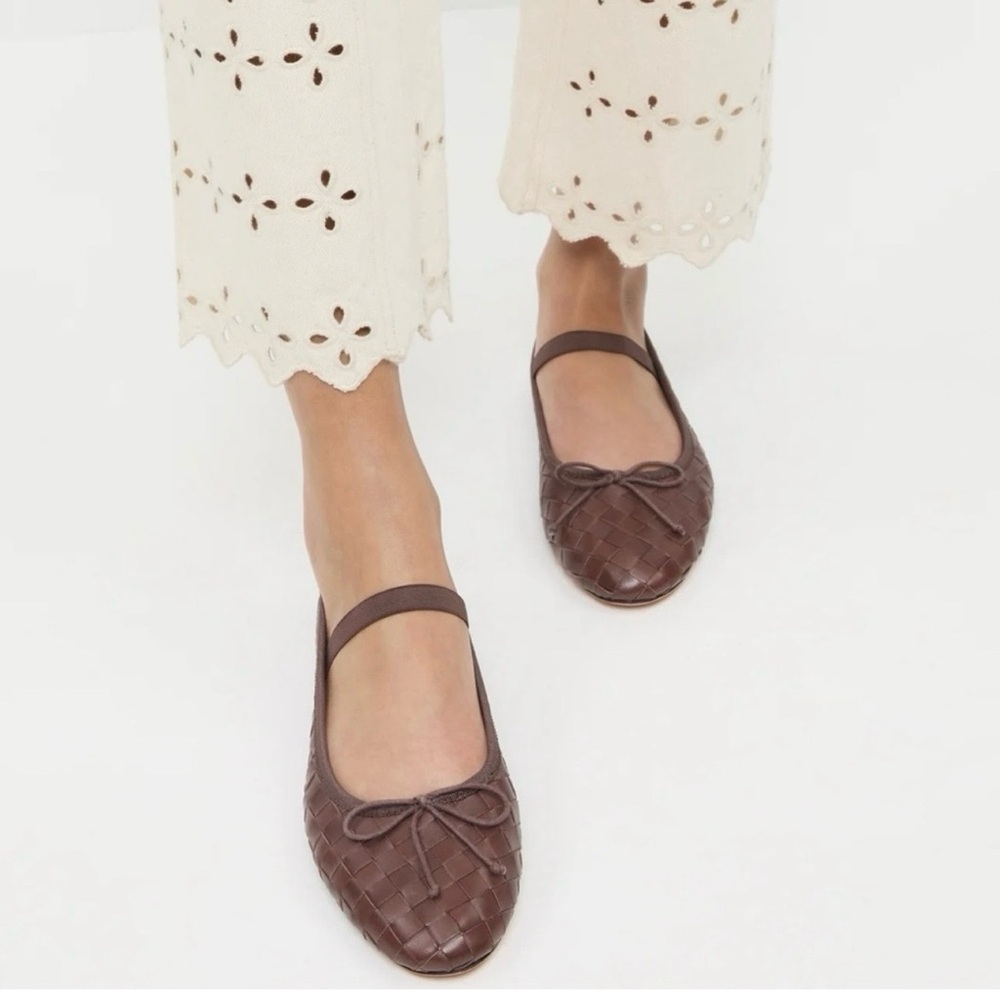 Loeffler Randall Leonie Woven Leather Ballerina Bow Flat Expresso Size 5.5